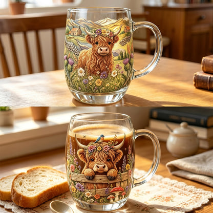 💐☕Hand-painted Highland Cow Glass
