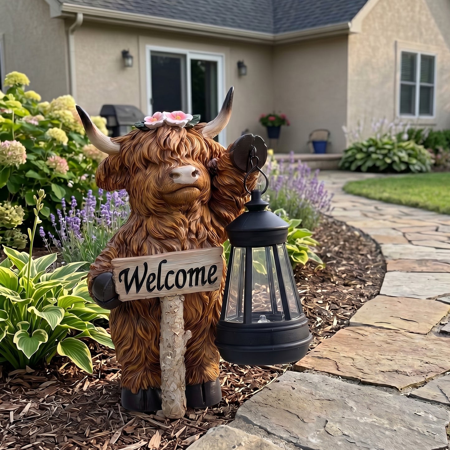 Scottish Fluffy Cow Solar Garden Lantern, Farmhouse Resin Sculpture with Amber LED, Weatherproof, Rustic Farm Decor Gift