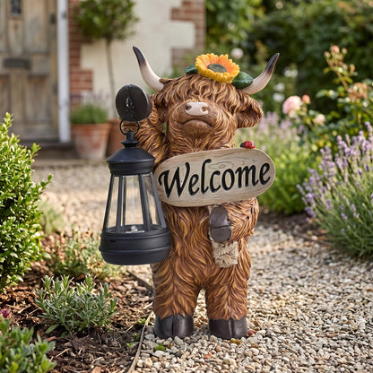 Scottish Fluffy Cow Solar Garden Lantern, Farmhouse Resin Sculpture with Amber LED, Weatherproof, Rustic Farm Decor Gift