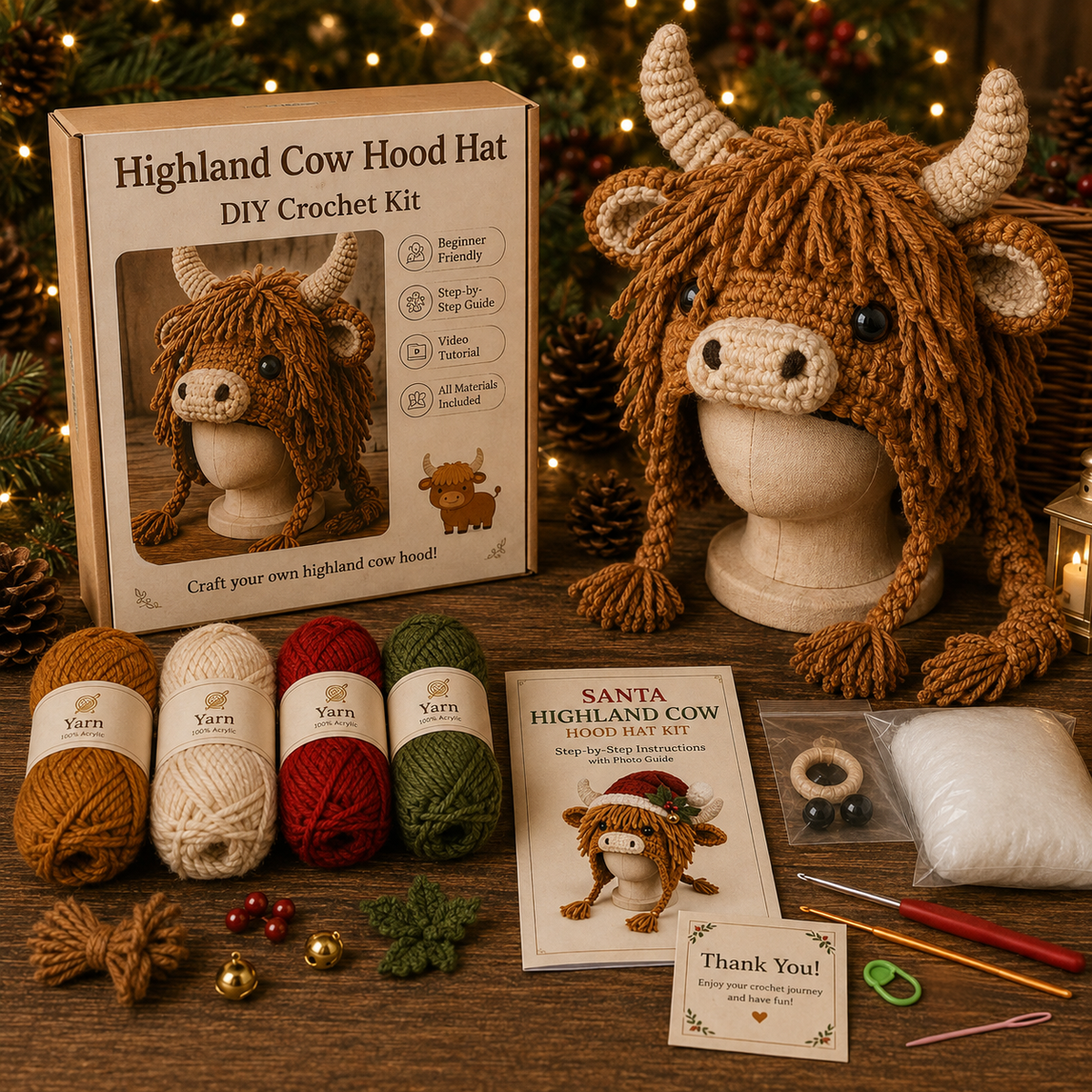 Highland Cow Hood Hat DIY Crochet Kit