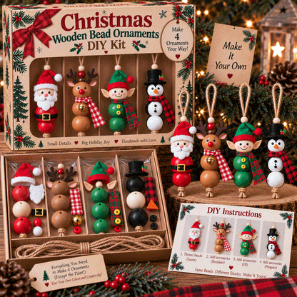 🎄 Christmas Wooden Bead Ornament DIY Kit – Set of 4