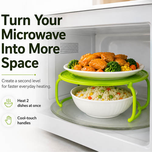 🍽️ Foldable Microwave Plate Stacker – 2-Level Heating Rack with Cool-Touch Handles for More Kitchen Space
