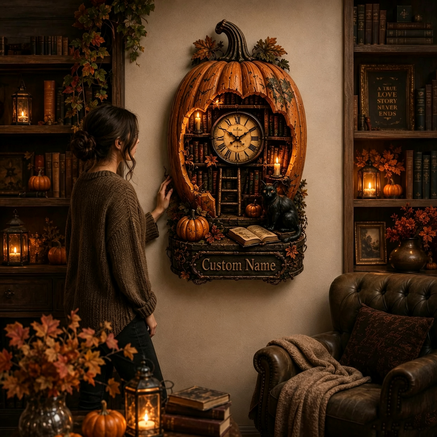 🎃🕰️ Today 49% OFF🔥 Pumpkin Library Wall Clock | Rustic Halloween Decor for Home & Office