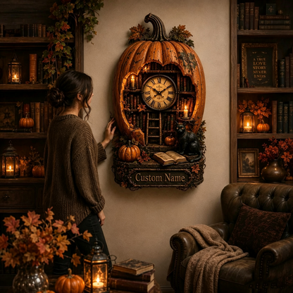 🎃🕰️ Today 49% OFF🔥 Pumpkin Library Wall Clock | Rustic Halloween Decor for Home & Office