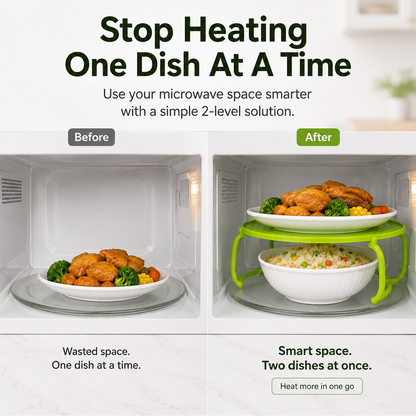 🍽️ Foldable Microwave Plate Stacker – 2-Level Heating Rack with Cool-Touch Handles for More Kitchen Space