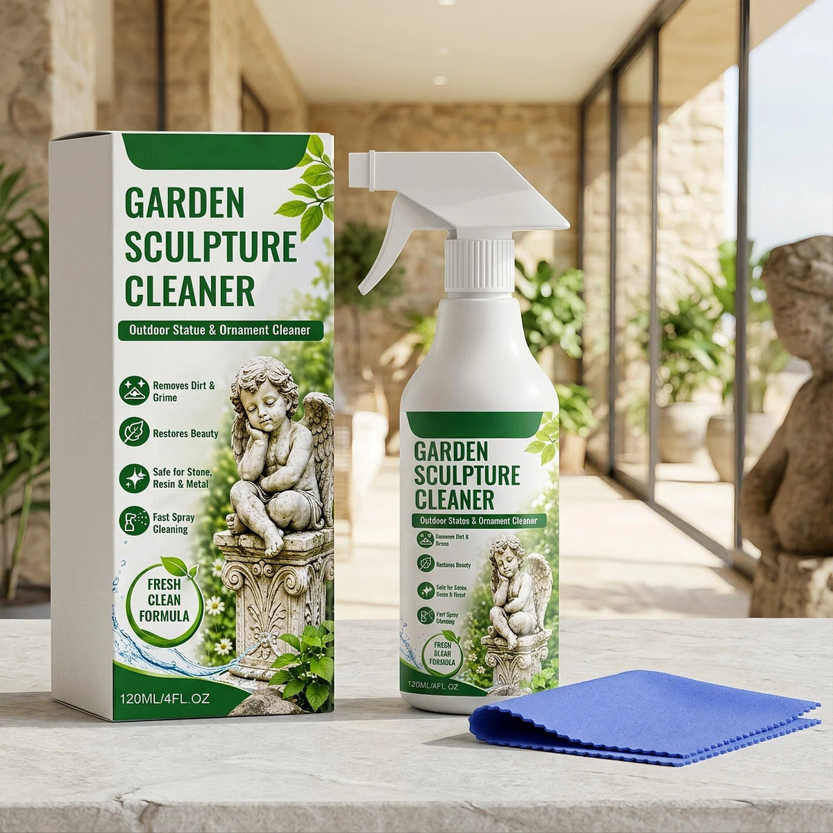 Garden Sculpture Ornament Cleaner✨ Outdoor Stone Resin Metal Decor Algae & Stain Remover Spray With Cleaning Cloth