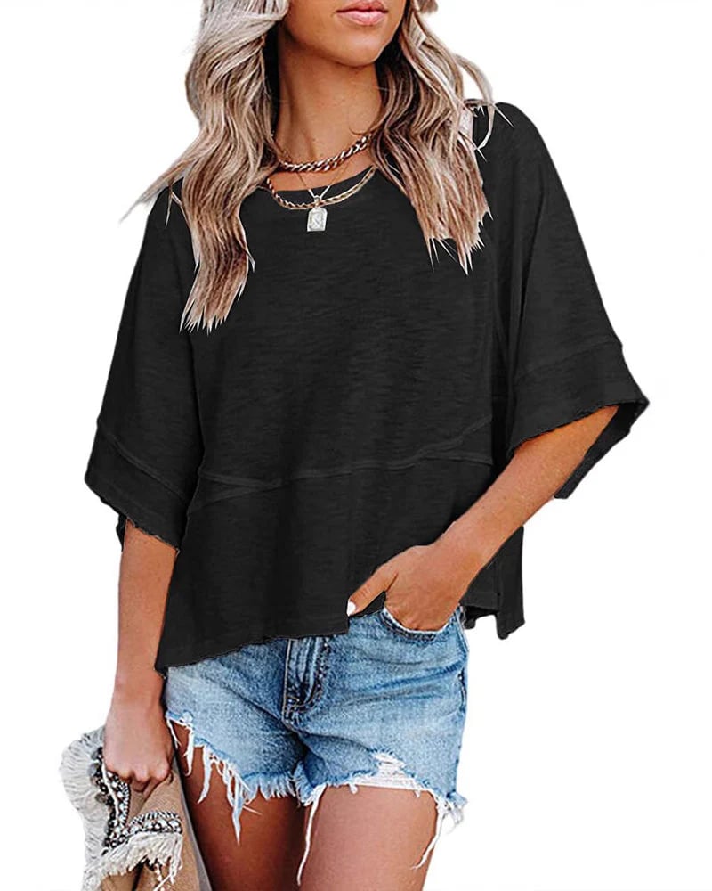 Panel Solid Color Flared Sleeve T-Shirt