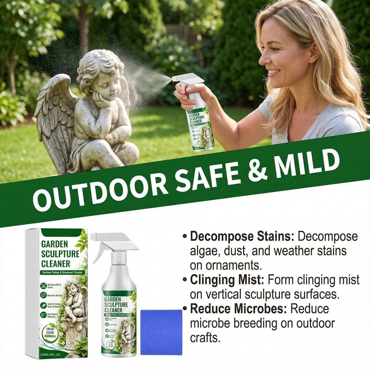 Garden Sculpture Ornament Cleaner✨ Outdoor Stone Resin Metal Decor Algae & Stain Remover Spray With Cleaning Cloth