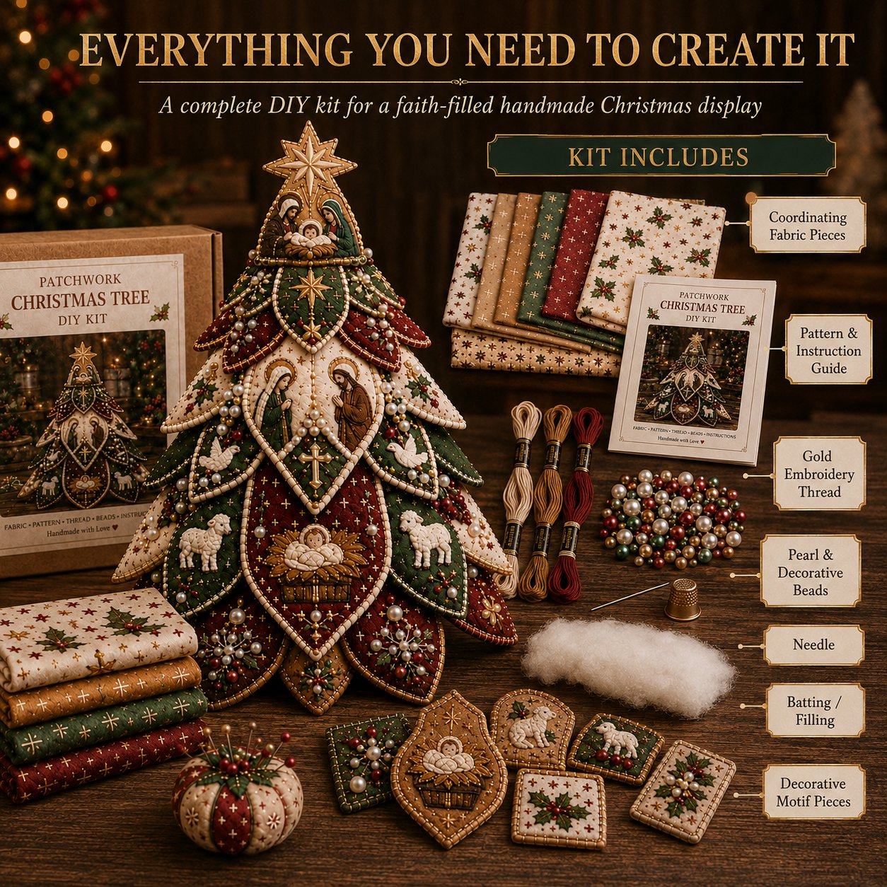 ✝️ Beginner-Friendly Tree of Faith 3D Quilted Christmas Tree Sewing Kit | Complete Kit with Coordinated Fabrics, Beads & Step-by-Step Guide Included 💕