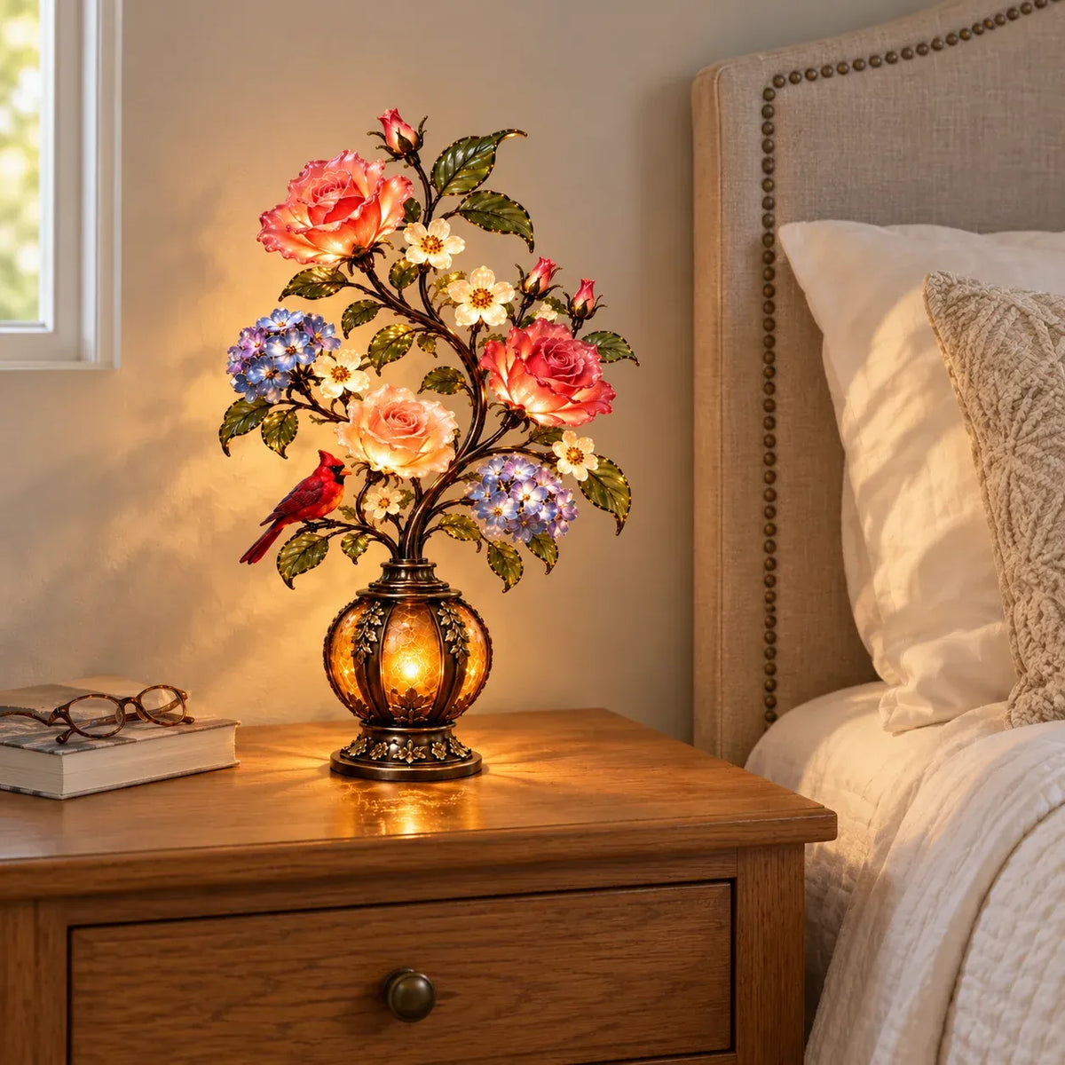 🌹✨ Eternal Bloom – Vintage Rose & Cardinal Table Lamp