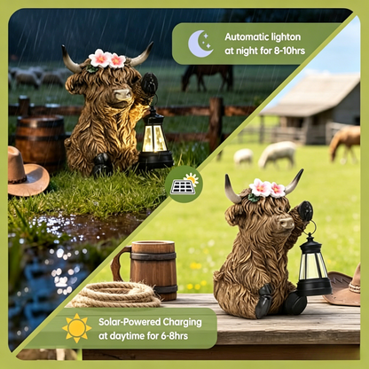 Scottish Fluffy Cow Solar Garden Lantern, Farmhouse Resin Sculpture with Amber LED, Weatherproof, Rustic Farm Decor Gift