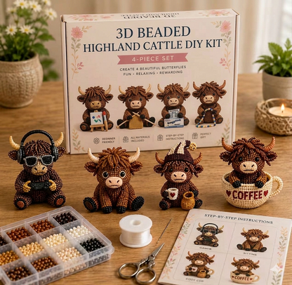 3D Highland Cow DIY Bead Kit – 8 Adorable Handmade Cow Designs Craft Set