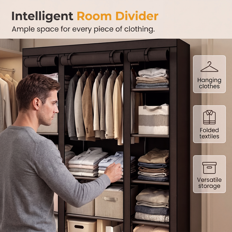 🧥49% OFF NOW! Easy‑to‑Assemble Portable Non‑Woven Fabric Wardrobe, Large‑Capacity Freestanding Closet, Sturdy Frame, Multi‑Compartment Storage for Clothes, Bedding & Household Items