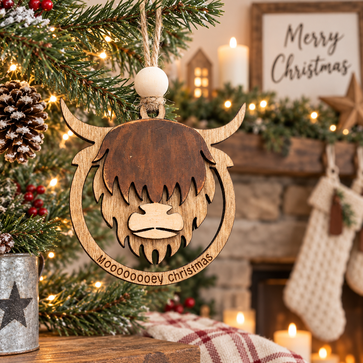 Highland Cow Wooden Christmas Ornament – Rustic Scottish Cow Tree Decoration | Funny Highland Cow Gift for Christmas