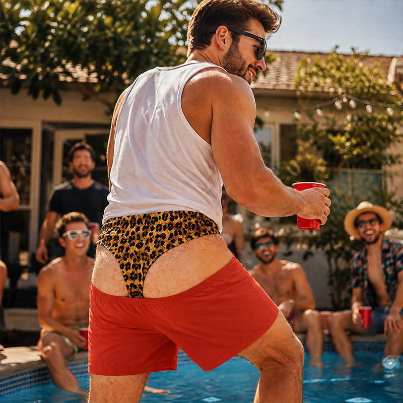🩳 Novelty Prank Swim Trunks -- Leopard Print Beach Shorts