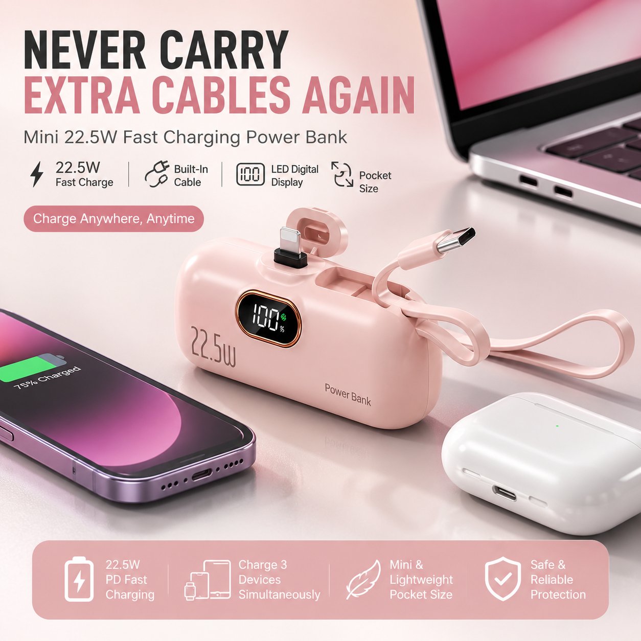 🔋⚡Pocket Power Bank With Built-In Cable - 22.5W Fast Charging