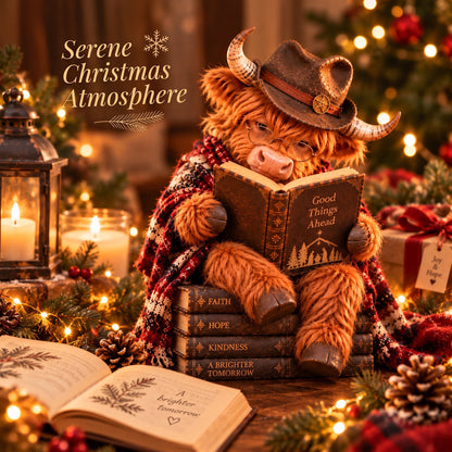 🐮Enchanted Highland Cow Reader Sculpture, Winter Tabletop Book Nook Decor🎄