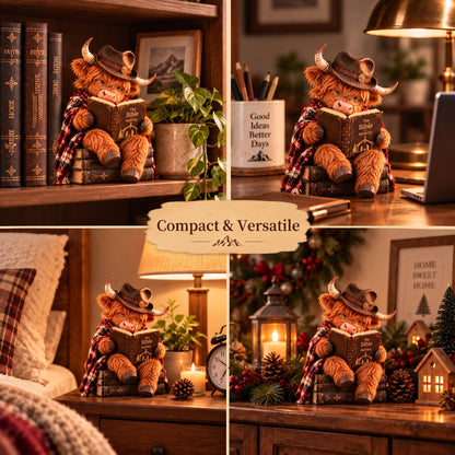 🐮Enchanted Highland Cow Reader Sculpture, Winter Tabletop Book Nook Decor🎄
