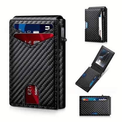 💼🔒Premium Aluminum RFID Blocking Minimalist Wallet for Men - Pop-Up Card Access, Money Clip & ID Window