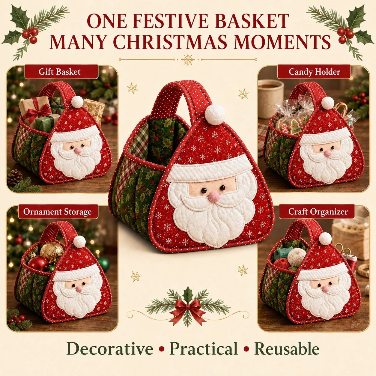 ⏳ Last Day 49% OFF – 🎄 Christmas Character Quilted Carry Basket | Padded Patchwork Fabrics, Layered Appliqué & Soft Carry Handle in DIY Kit or Ready-Made Styles 🎁✨
