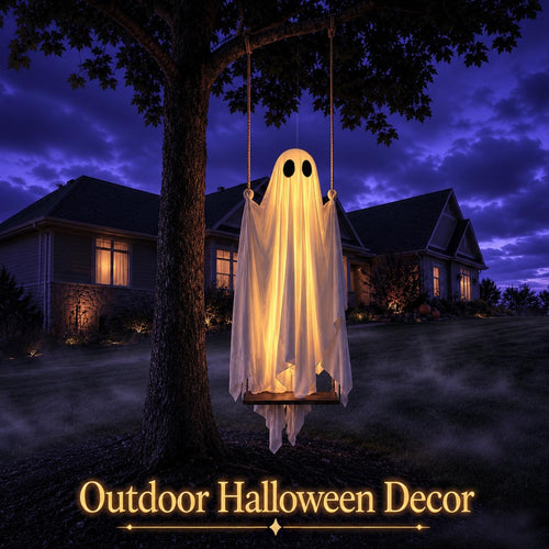 🎃5FT Halloween Decorations Outdoor - Large Hanging Ghost Swing with Remote Control String Lights & Upgraded Sheet, Scary Ghost Halloween Party Decor Outside for Tree Porch Yard Garden Lawn 👻✨