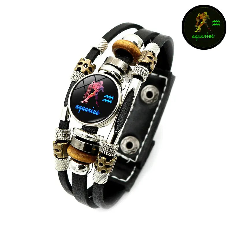 Glow-in-the-Dark 12 Leather Zodiac Bracelet for Men and Women(6.9/8.1in)