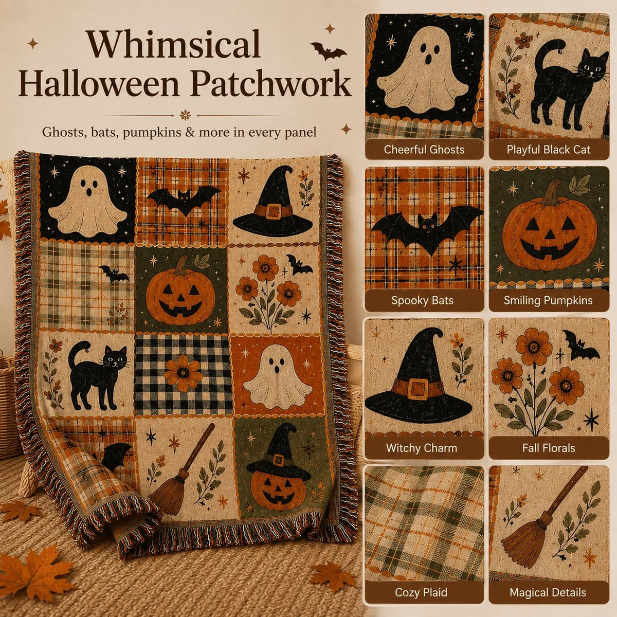 🎃 Vintage Halloween Jacquard Woven Throw Blanket with Fringe