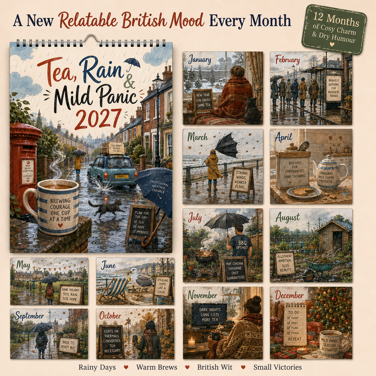 Tea, Rain & Mild Panic 2027 Wall Calendar