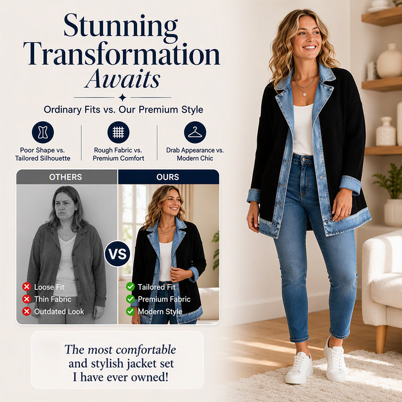 🍂Seasonal Style 49% Off🛍️Women’s Elegant Denim Spliced Ribbed Knit Coat