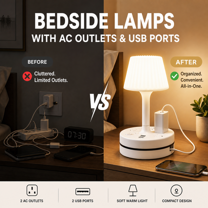 💡 Bedside Lamp with AC Outlets & USB Ports – Light, Charge & Power in One ✨