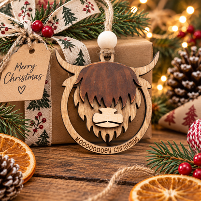 Highland Cow Wooden Christmas Ornament – Rustic Scottish Cow Tree Decoration | Funny Highland Cow Gift for Christmas