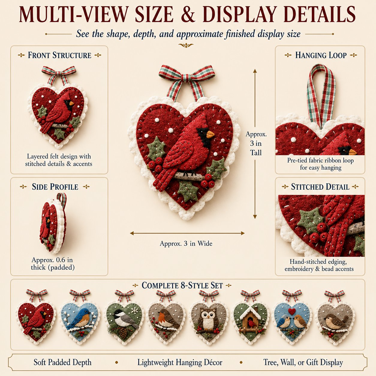 ⏳ Last Day 49% OFF – 🐦 Beginner-Friendly Winter Bird Felt Heart Ornament Sewing Kit Collection | Complete Kit with Pre-Cut Felt, Sewing Materials & Step-by-Step Guide Included 💕
