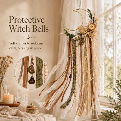 Celtic Moon Witch Bells Wall Hanging | Dried Flower Crescent Moon Door Hanger 🌙 (📦Buy 2 Free Shipping)