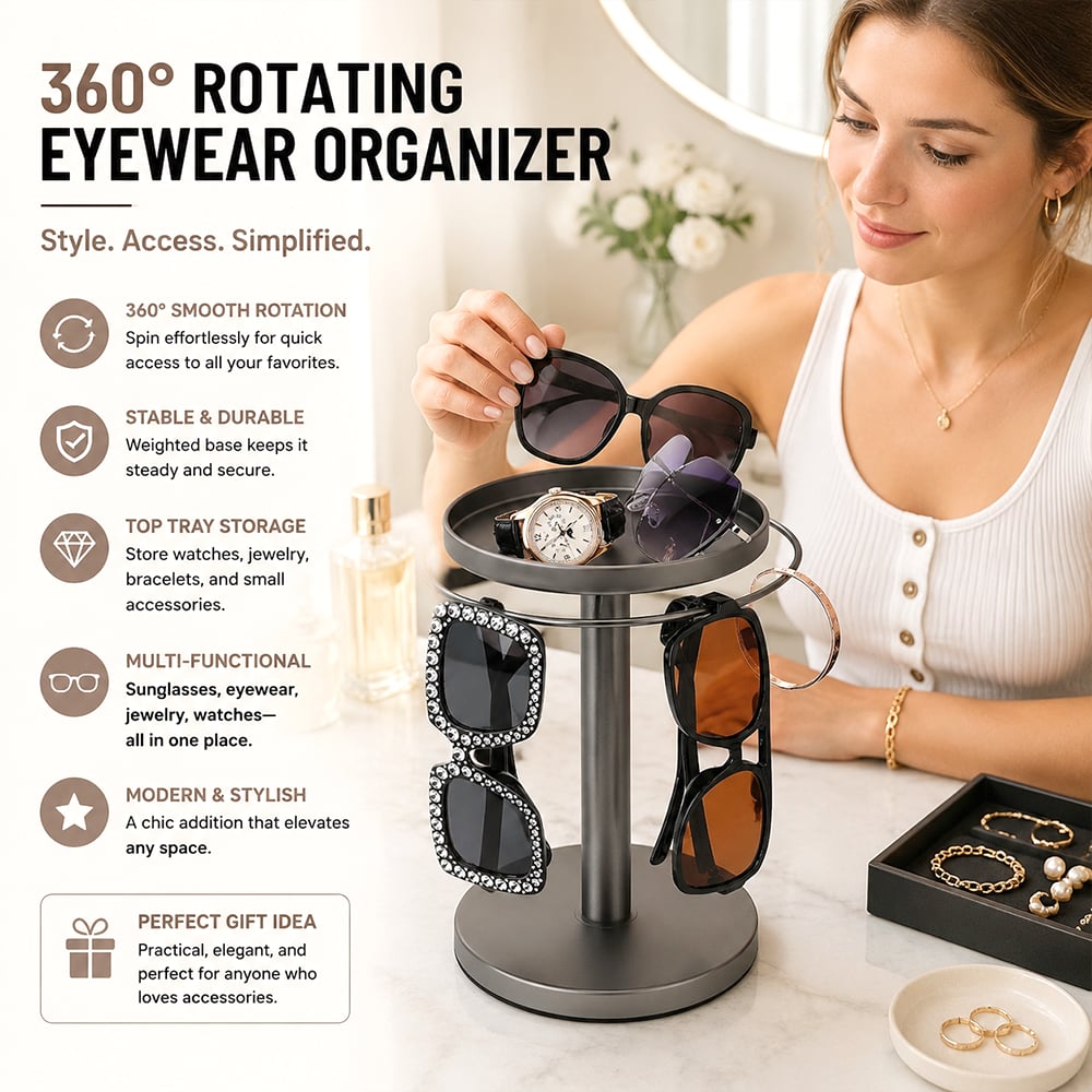 🕶️✨360° Rotating Sunglasses Organizer Stand — Eyewear Rack with Tray