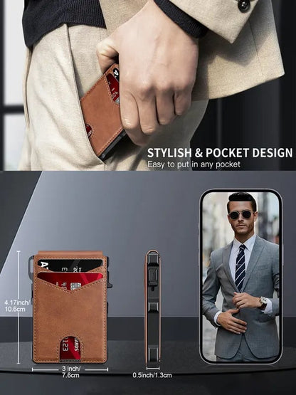 ✨Last Day 49% OFF - Slim Wallet for Men with Pop-Up Aluminum Case, RFID Blocking & Money Clip | Minimalist Leather Bifold Card Holder