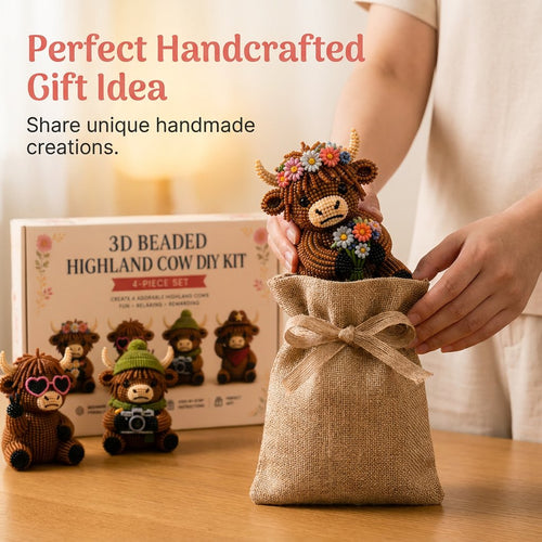 3D Highland Cow DIY Bead Kit – 4 Adorable Handmade Cow Designs Craft Set