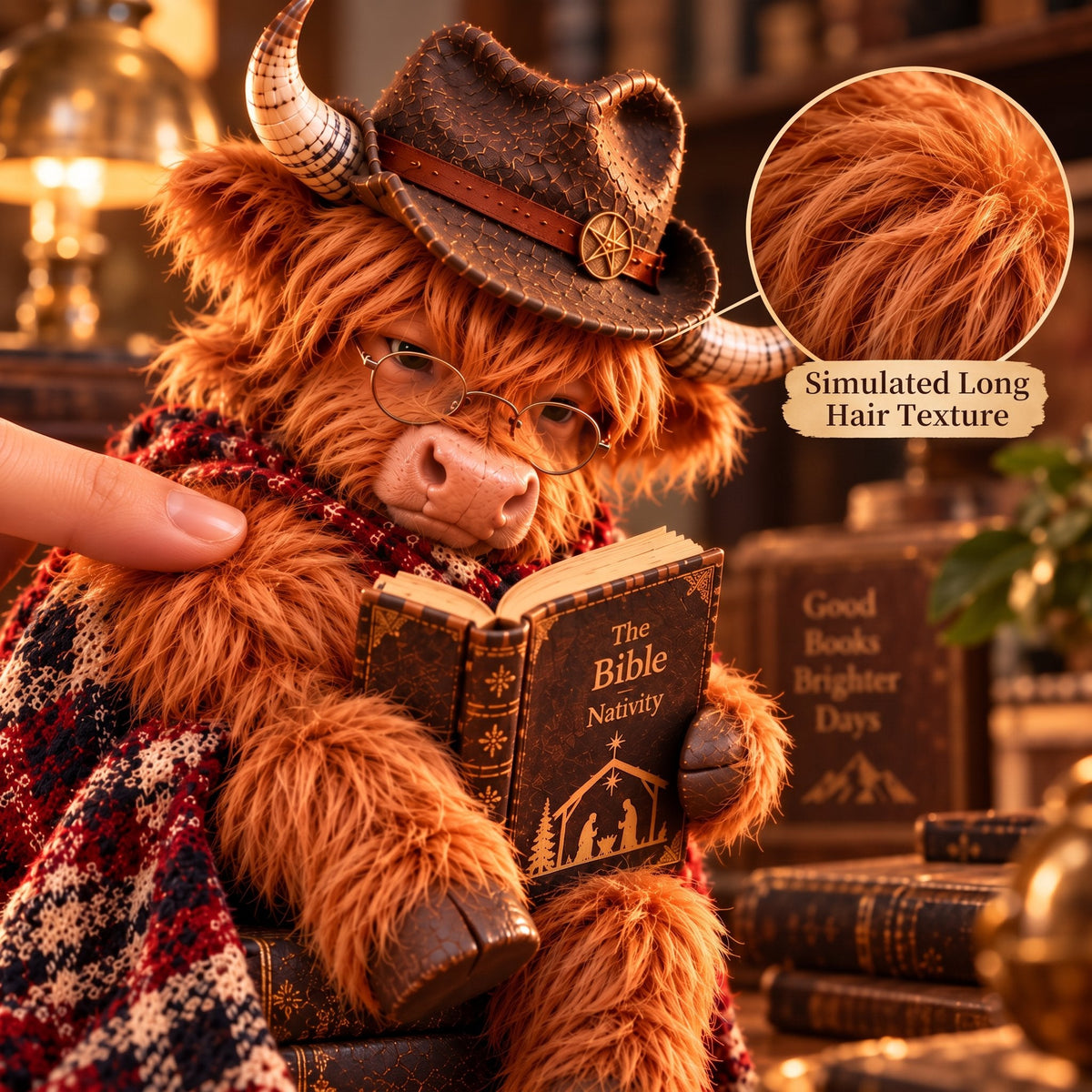 🐮Enchanted Highland Cow Reader Sculpture, Winter Tabletop Book Nook Decor🎄