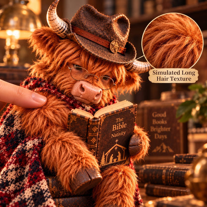 🐮Enchanted Highland Cow Reader Sculpture, Winter Tabletop Book Nook Decor🎄