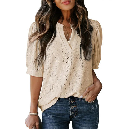 🏆🔥Women's Summer Casual Blouses V Neck Short Sleeve Shirts Hollow Out Cute Tops Loose Fit Breathable Fabric