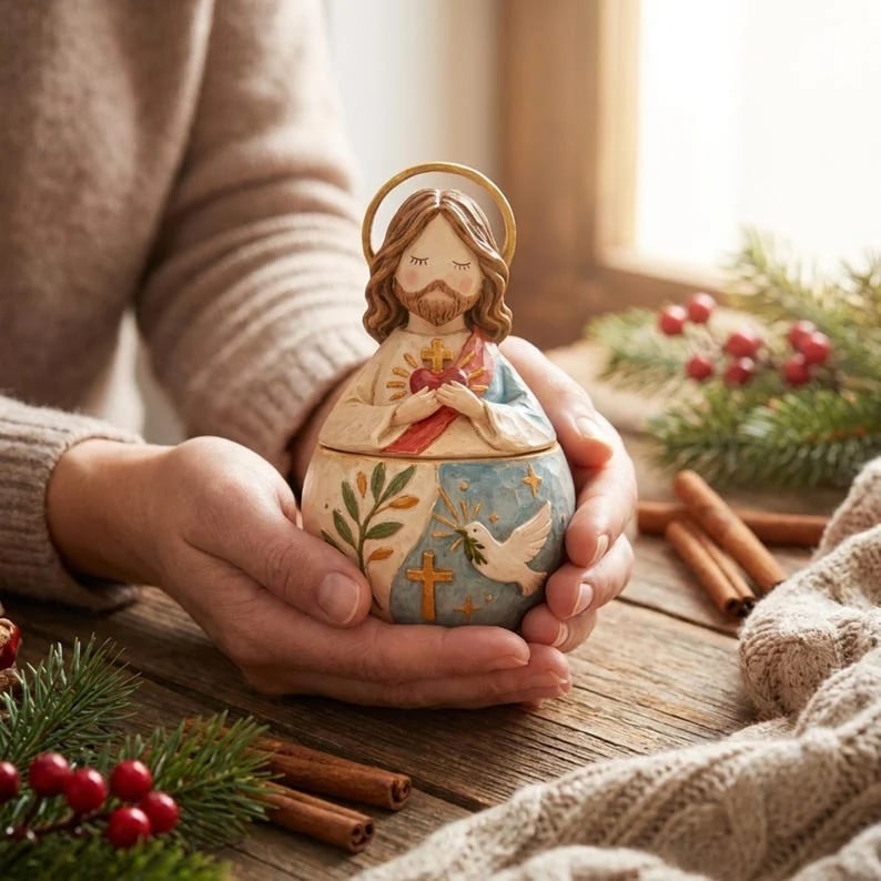 🌟 Divine Grace Collection: Hand-Painted Sacred Heart Jesus & Blessed Mary Keepsake Box