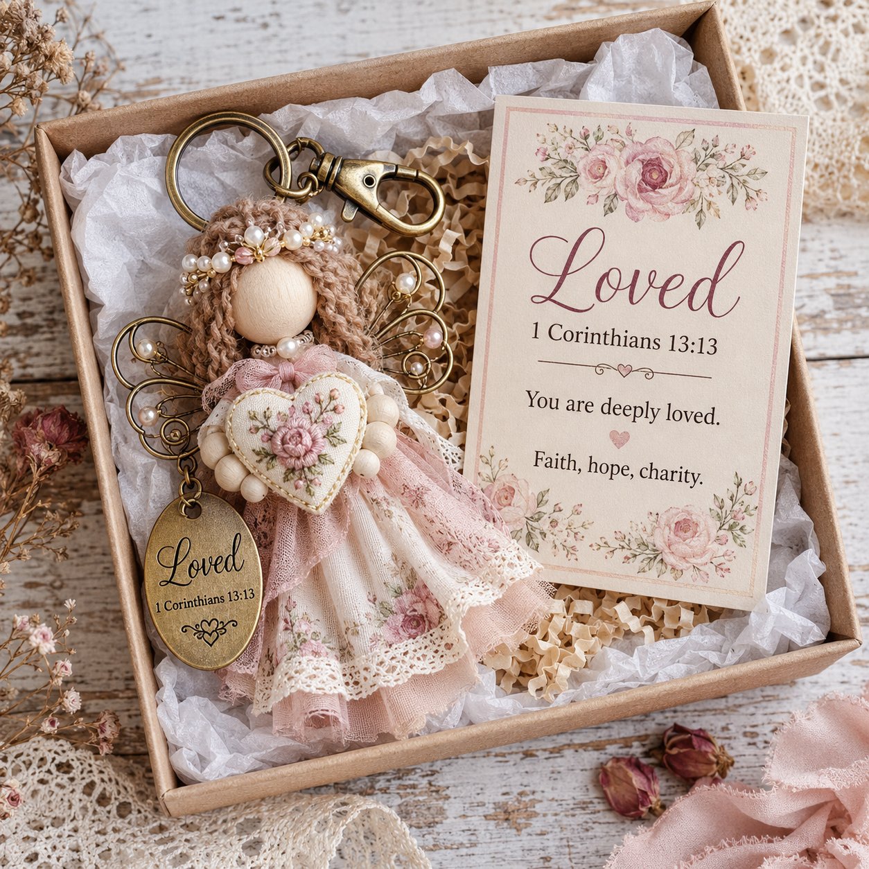 🪽 Faith Guardian Keychain Scripture Gift Set Collection | Layered Fabric Charm, Inspirational Scripture Card & Ready-to-Gift Box Included 💕