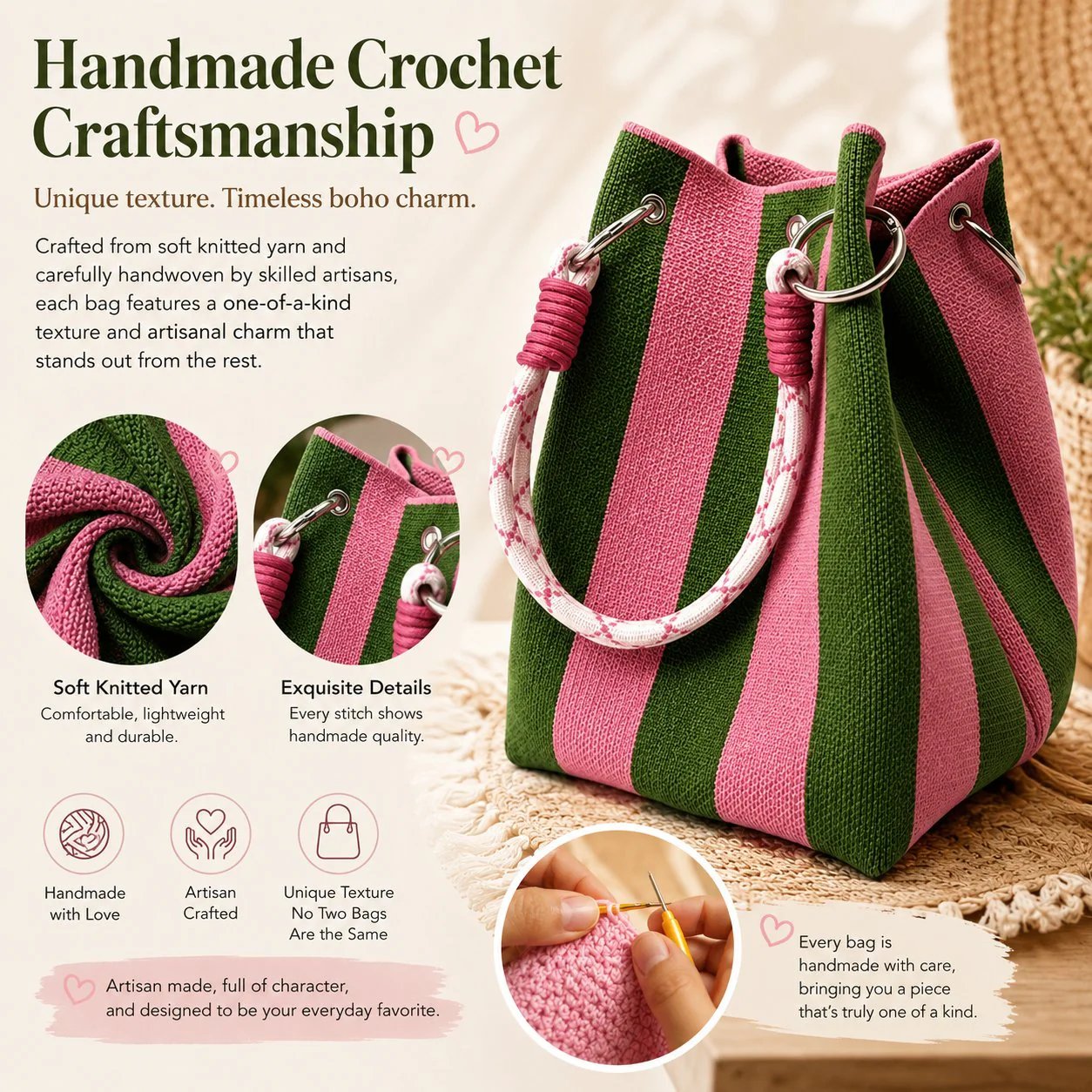🏆👜 Limited-Time Sale: 43% OFF 🌴 Boho Striped Knit Bucket Handbag for Women – Handmade Summer Beach Shoulder Bag