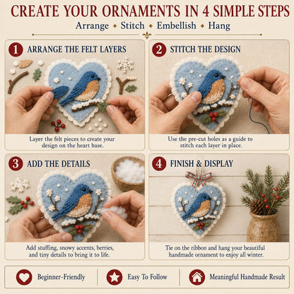 ⏳ Last Day 49% OFF – 🐦 Beginner-Friendly Winter Bird Felt Heart Ornament Sewing Kit Collection | Complete Kit with Pre-Cut Felt, Sewing Materials & Step-by-Step Guide Included 💕