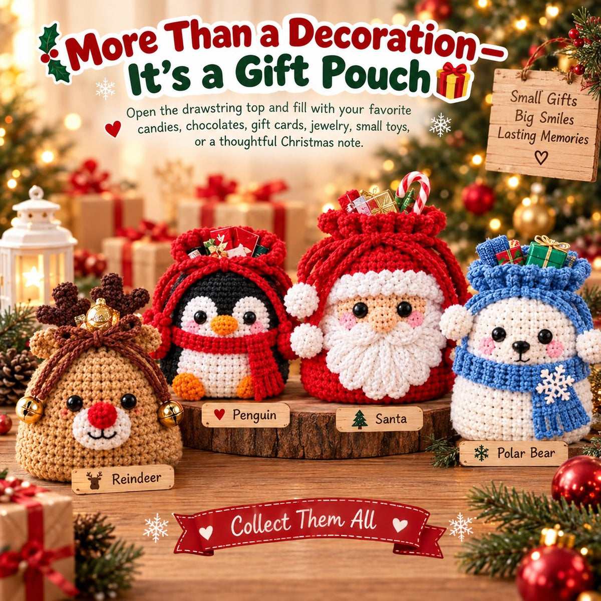 🎄 Christmas Crochet Character Gift Pouch | Reusable Drawstring Gift Bag — 12 Festive Designs