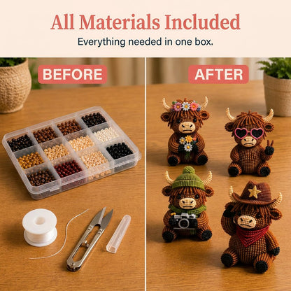 3D Highland Cow DIY Bead Kit – 4 Adorable Handmade Cow Designs Craft Set