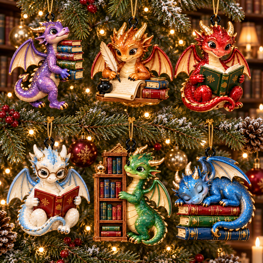Bookish Dragons – 6-Piece Christmas Keepsake Ornament Set for Book Lovers