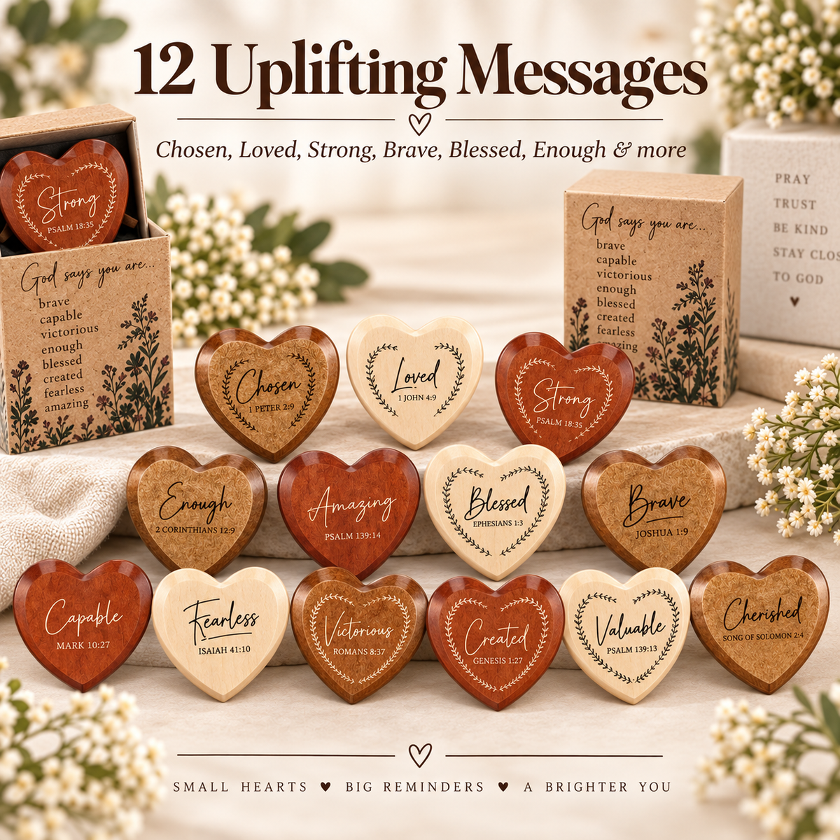 ✝️💛 God Says You Are – 24 Christian Wooden Heart Pocket Hug Gift Set