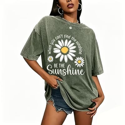 Women's Summer T-Shirt: Sunshine Graphic,solid colors, Double Stitching, Breathable, Loose Fit, Casual Basic Tee for Daily Wear💗