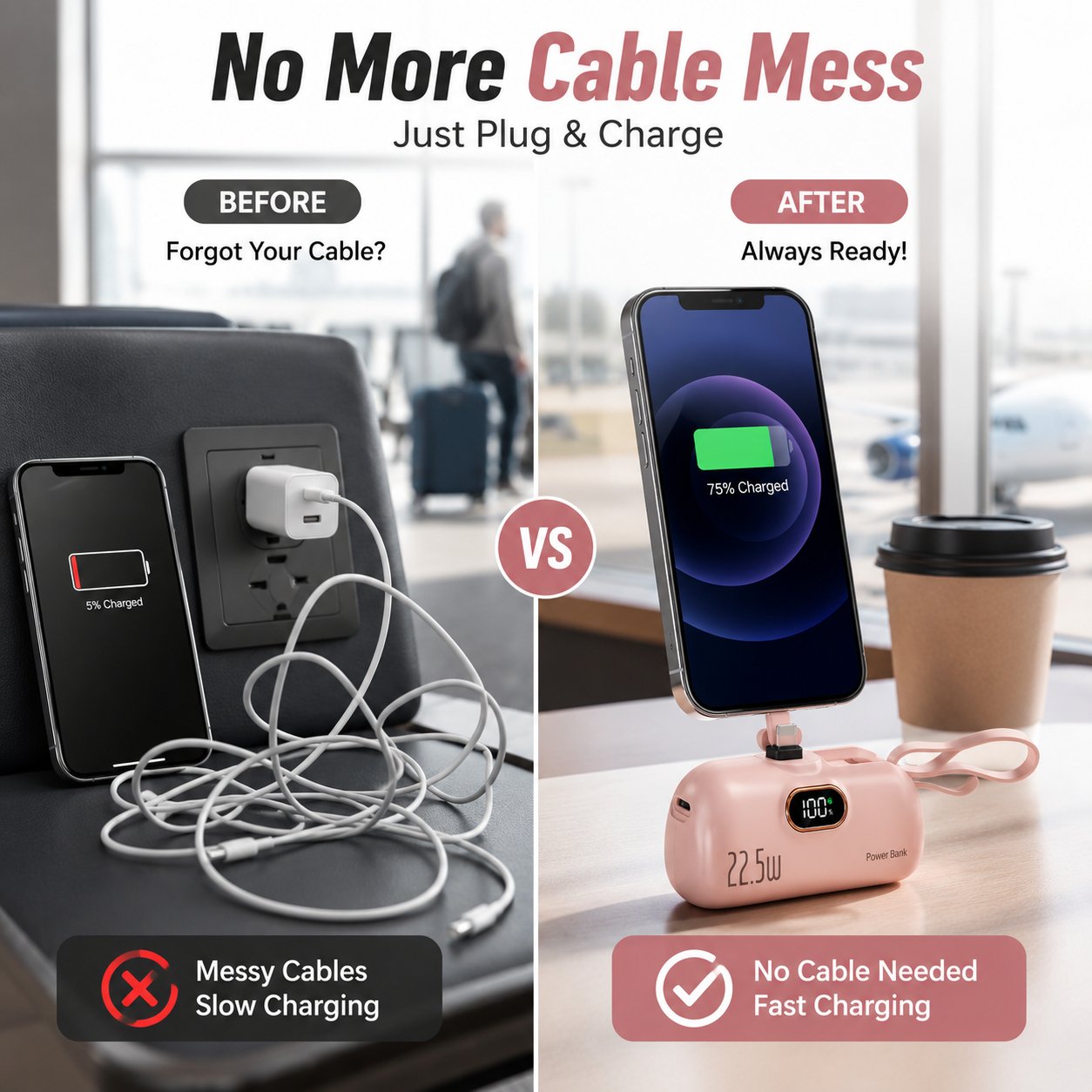 🔋⚡Pocket Power Bank With Built-In Cable - 22.5W Fast Charging