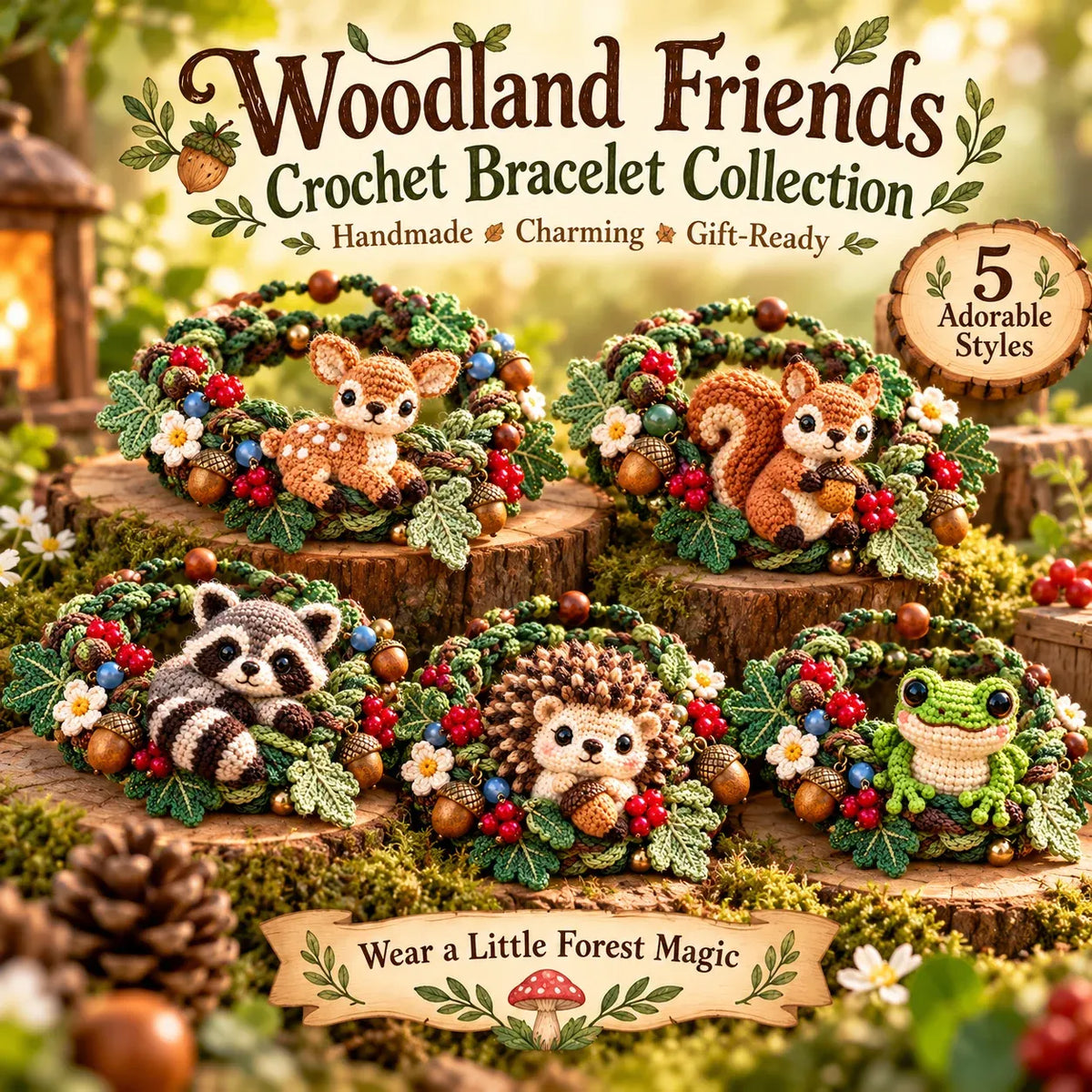 🌿🧶 Woodland Wrist Friends – Handmade 3D Crochet Animal Bracelet Collection